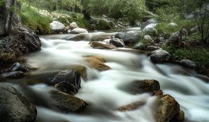 Preview wallpaper river, stones, landscape, long exposure