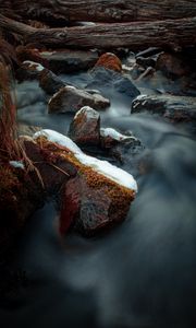 Preview wallpaper river, stones, logs, water, stream