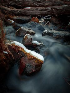 Preview wallpaper river, stones, logs, water, stream