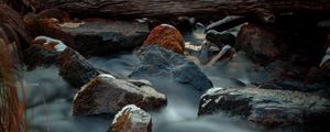Preview wallpaper river, stones, logs, water, stream