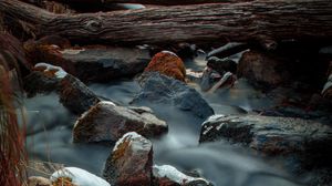 Preview wallpaper river, stones, logs, water, stream