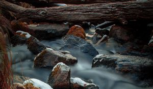 Preview wallpaper river, stones, logs, water, stream