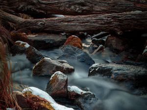 Preview wallpaper river, stones, logs, water, stream