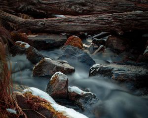 Preview wallpaper river, stones, logs, water, stream