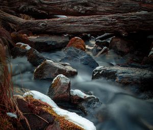 Preview wallpaper river, stones, logs, water, stream