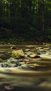 Preview wallpaper river, stones, long exposure, trees