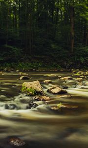 Preview wallpaper river, stones, long exposure, trees