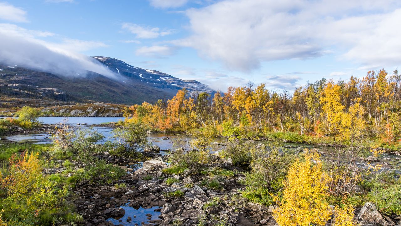 Wallpaper river, stones, mountain, bushes, clouds