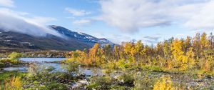 Preview wallpaper river, stones, mountain, bushes, clouds