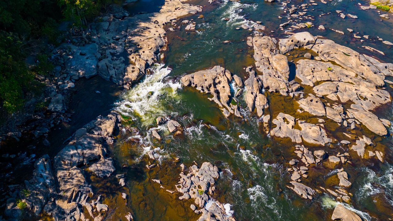 Wallpaper river, stones, rocks, aerial view, nature