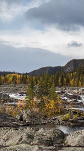 Preview wallpaper river, stones, rocks, trees, hills, sky