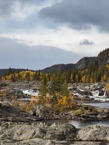 Preview wallpaper river, stones, rocks, trees, hills, sky