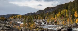 Preview wallpaper river, stones, rocks, trees, hills, sky