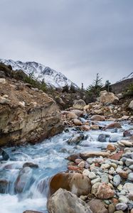 Preview wallpaper river, stones, stream, rocks, mountains, snowy