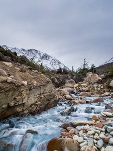 Preview wallpaper river, stones, stream, rocks, mountains, snowy