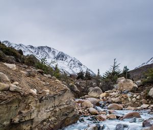 Preview wallpaper river, stones, stream, rocks, mountains, snowy