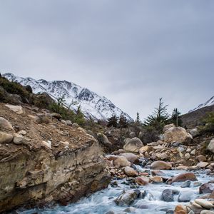 Preview wallpaper river, stones, stream, rocks, mountains, snowy