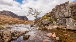 Preview wallpaper river, stones, tree, mountains