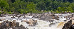 Preview wallpaper river, stones, trees, splashes