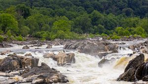 Preview wallpaper river, stones, trees, splashes