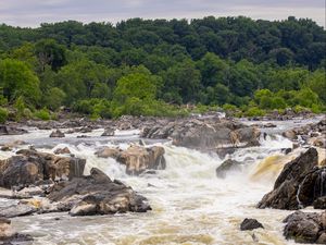 Preview wallpaper river, stones, trees, splashes