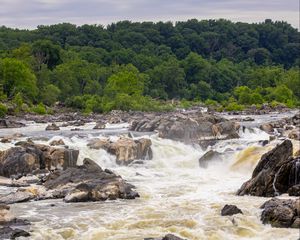 Preview wallpaper river, stones, trees, splashes