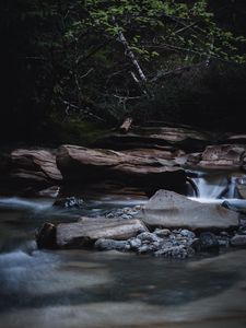 Preview wallpaper river, stones, water, bushes