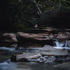 Preview wallpaper river, stones, water, bushes