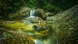 Preview wallpaper river, stones, water, flow, forest, nature