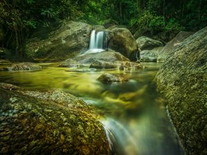 Preview wallpaper river, stones, water, flow, forest, nature