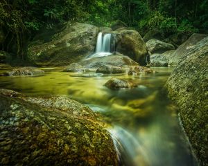 Preview wallpaper river, stones, water, flow, forest, nature