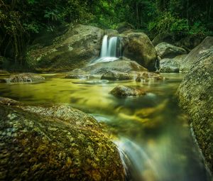 Preview wallpaper river, stones, water, flow, forest, nature