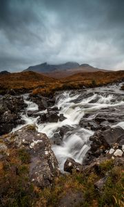 Preview wallpaper river, stones, waterfall, flow, fog