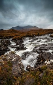Preview wallpaper river, stones, waterfall, flow, fog