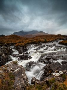 Preview wallpaper river, stones, waterfall, flow, fog