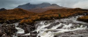 Preview wallpaper river, stones, waterfall, flow, fog