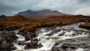 Preview wallpaper river, stones, waterfall, flow, fog
