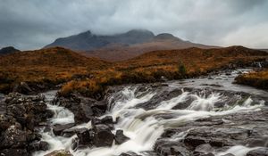 Preview wallpaper river, stones, waterfall, flow, fog