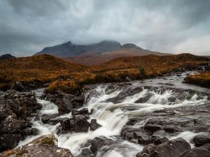 Preview wallpaper river, stones, waterfall, flow, fog