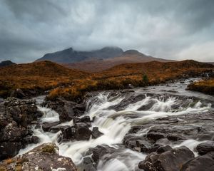 Preview wallpaper river, stones, waterfall, flow, fog