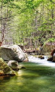 Preview wallpaper river, stones, wood, current