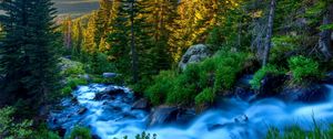 Preview wallpaper river, stream, current, stones, grass, trees, twilight, evening, murmur