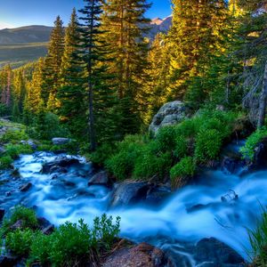 Preview wallpaper river, stream, current, stones, grass, trees, twilight, evening, murmur