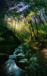 Preview wallpaper river, stream, forest, trees, art