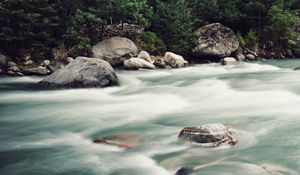 Preview wallpaper river, stream, stones, trees, forest, nature