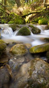 Preview wallpaper river, stream, stones, moss, water, long exposure