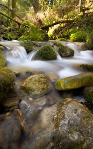 Preview wallpaper river, stream, stones, moss, water, long exposure