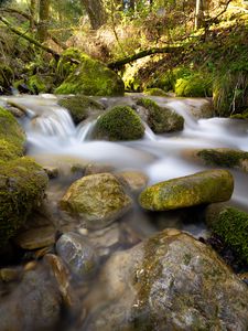 Preview wallpaper river, stream, stones, moss, water, long exposure
