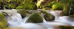 Preview wallpaper river, stream, stones, moss, water, long exposure