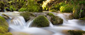 Preview wallpaper river, stream, stones, moss, water, long exposure